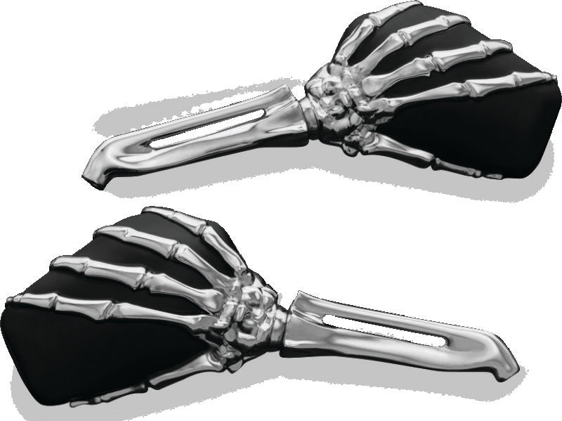 Kuryakyn Skeleton Hand Mirrors in chrome and black, motorcycle side mirrors with skeletal hand design, part 1759.