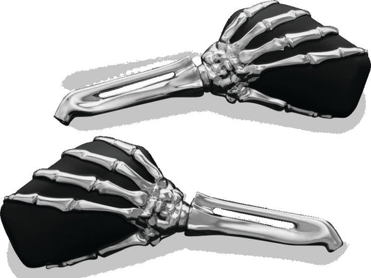 Kuryakyn Skeleton Hand Mirrors in chrome and black, motorcycle side mirrors with skeletal hand design, part 1759.