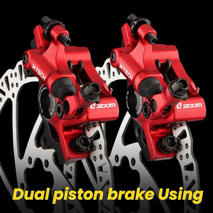 Hycline ZOOM XTECH HB-100 hydraulic disc brake caliper with dual pistons, suitable for MTB, eBike, and scooter bicycles.