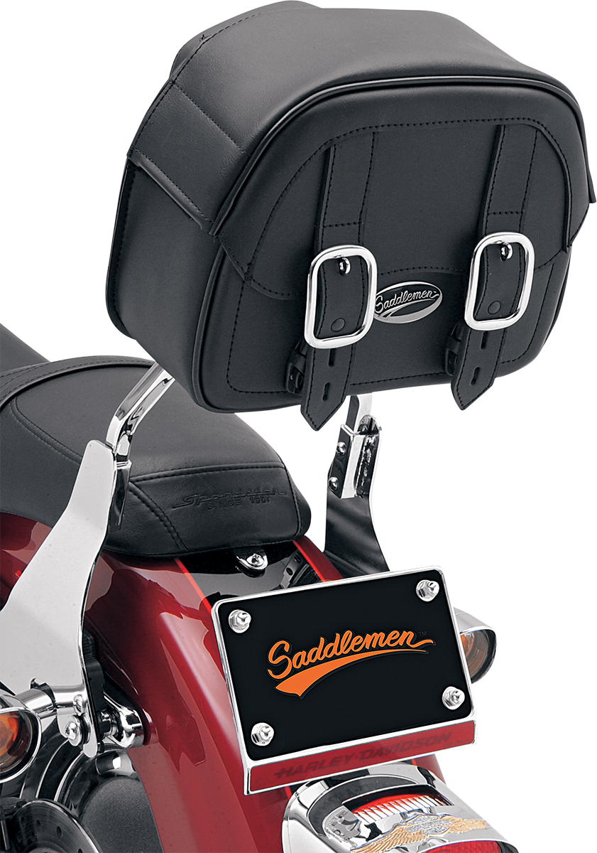 Bill's Exhausts SADDLEMEN Large Drifter Sissy Bar Bag seat for motorcycle, shown attached to sissy bar with straps and zipper closures.