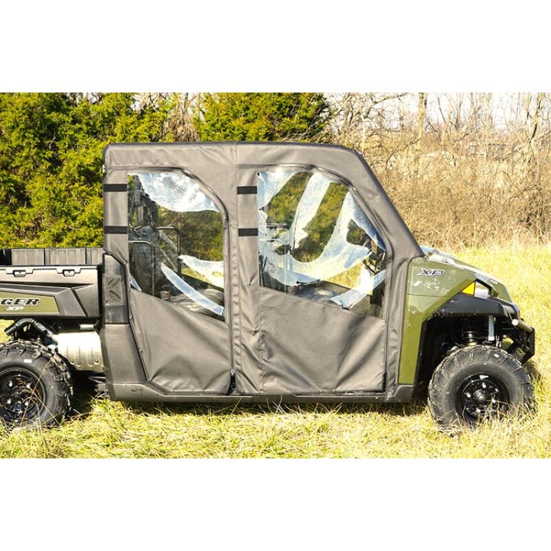 Seizmik Polaris Ranger XP Crew soft doors with zippers, showing the black fabric and zipper closures for outdoor utility vehicle.