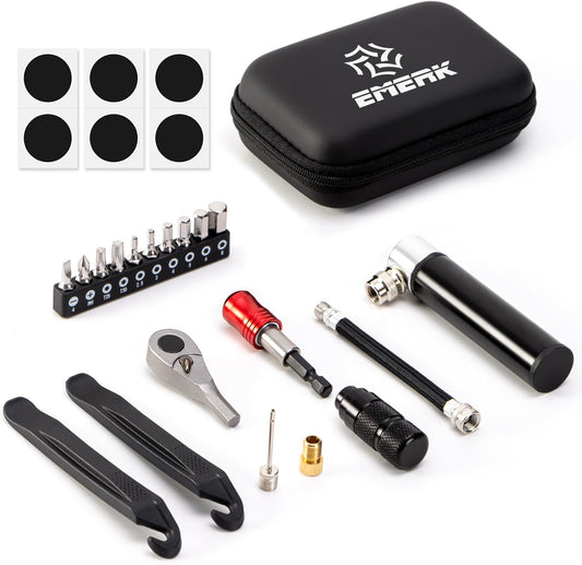 Hycline EMERK bike repair tool kit with various bicycle parts and tools for bike maintenance and repairs.