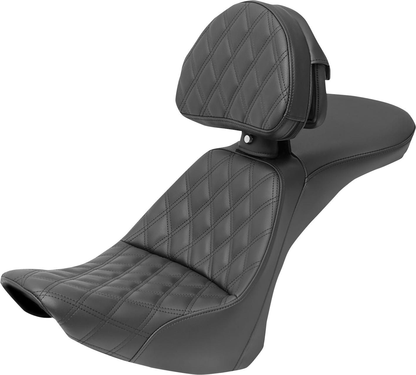 Black SADDLEMEN Explorer motorcycle seat with backrest and lattice stitching, designed for FLSTN models.