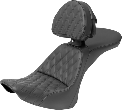 Black SADDLEMEN Explorer motorcycle seat with backrest and lattice stitching, designed for FLSTN models.