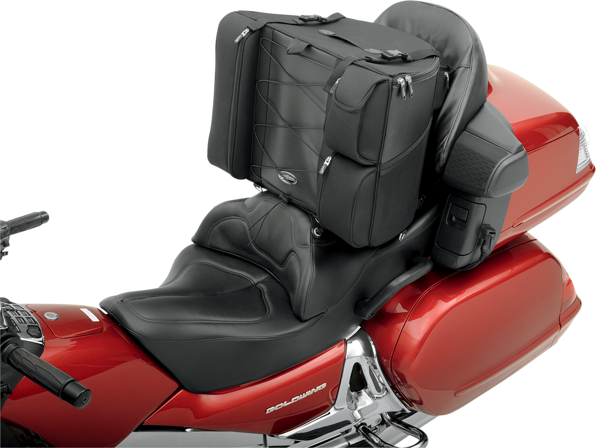 Bill's Exhausts Saddlemens Backrest Bag 3501-0322 on motorcycle seat, durable black saddlebag with backrest support for bikes.