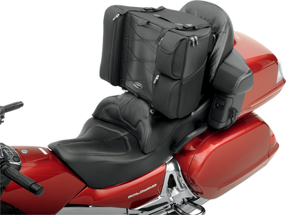 Bill's Exhausts Saddlemens Backrest Bag 3501-0322 on motorcycle seat, durable black saddlebag with backrest support for bikes.