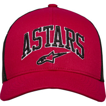Red and black Alpinstars Dunker hat, one size, casual baseball cap with embroidered logo in front, made of comfortable fabric.