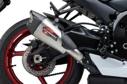 YOSHIMURA stainless steel street exhaust with carbon fiber end cap for AT2 motorcycle, featuring sleek design and durable construction.