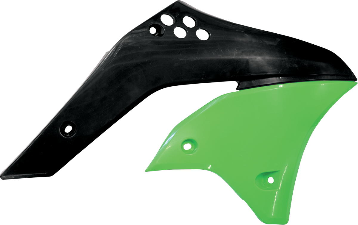 Acerbis radiator shrouds in green and black for 2006 motorcycle, made by Bill's Exhausts, mounted on the bike body.