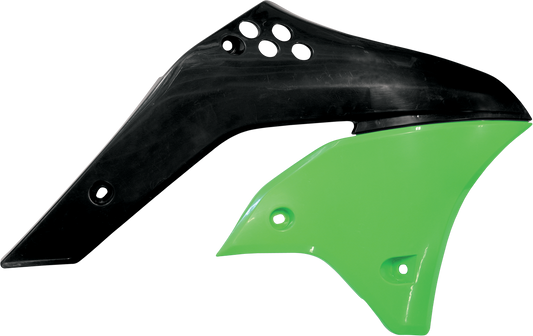 Acerbis radiator shrouds in green and black for 2006 motorcycle, made by Bill's Exhausts, mounted on the bike body.
