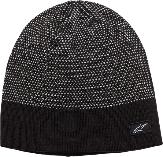 Black ALPINESTARS Reflect beanie, one size, soft knit material, featuring the ALPINESTARS logo, designed for warmth and style.