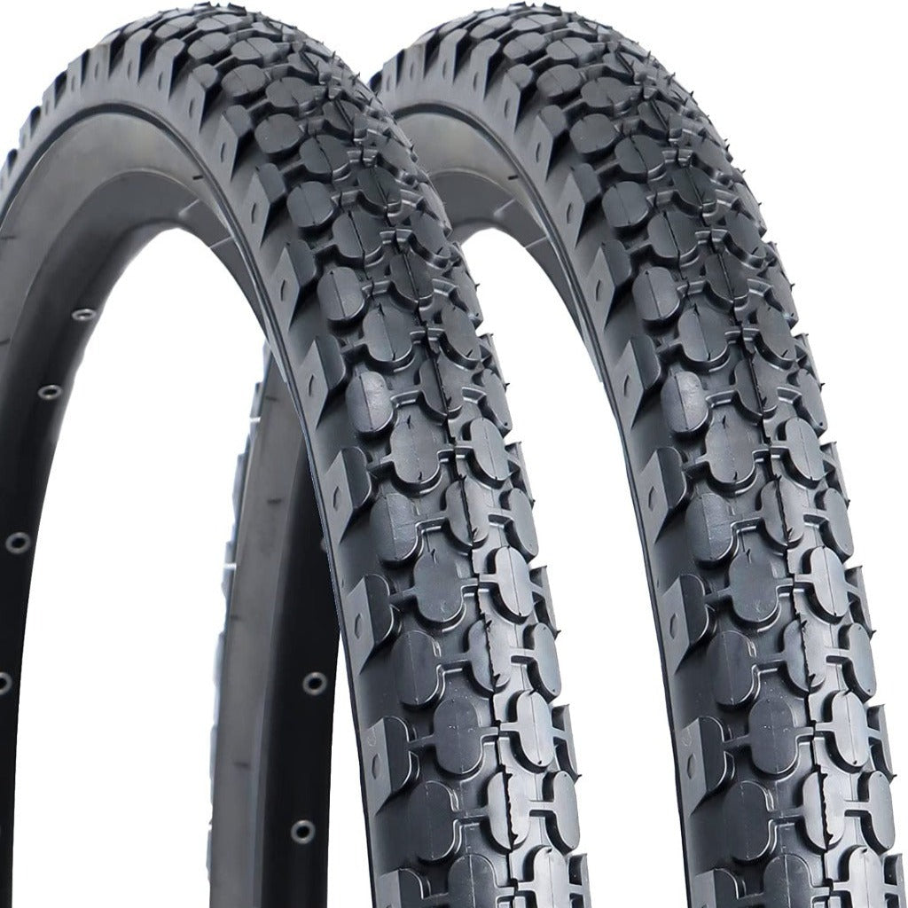 Pair of Hycline bicycle tires, 24×2.125 inches and 26×2.125 inches, with tread pattern visible on smooth rubber surfaces.