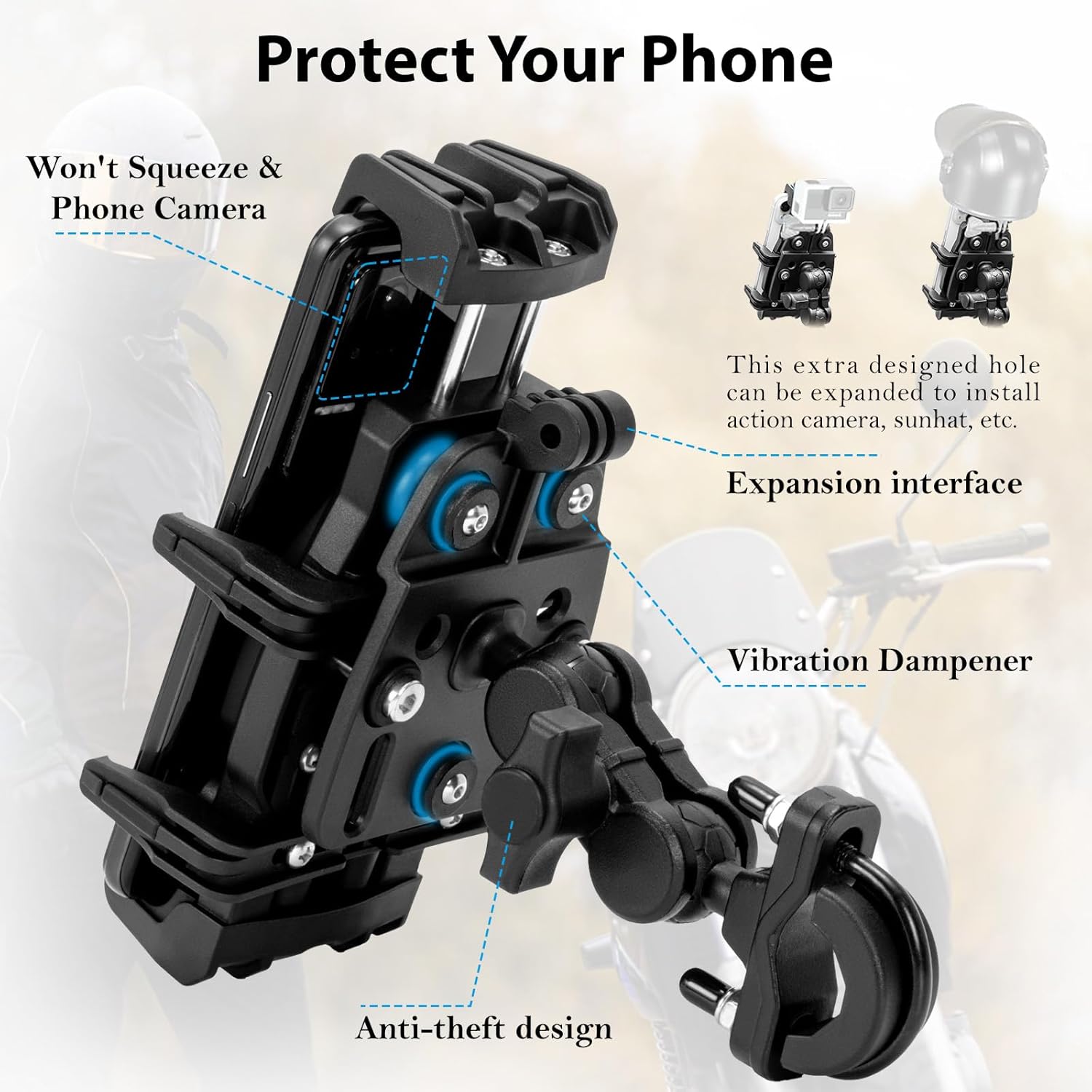 Hycline EMERK phone mount attached to motorcycle handlebar for secure smartphone holding during rides.