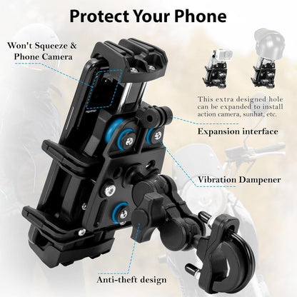 Hycline EMERK phone mount attached to motorcycle handlebar for secure smartphone holding during rides.