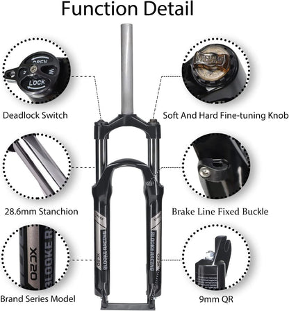 Hycline Blooke XC20 bicycle suspension fork for 27.5 and 29 inch mountain bikes, featuring robust construction and adjustable suspension.