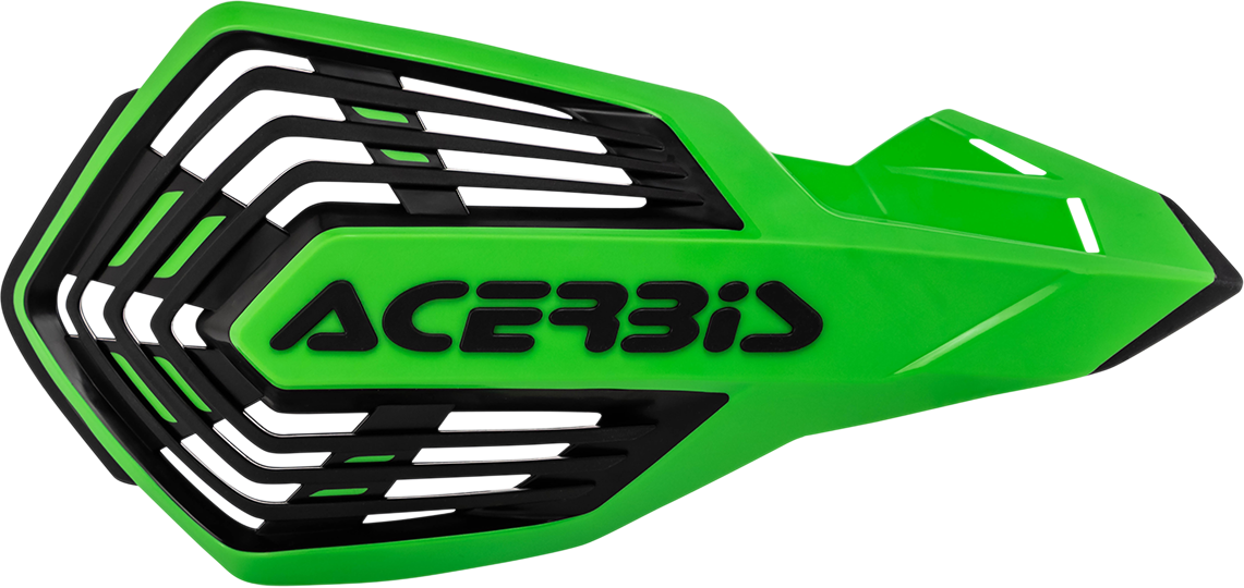 Acerbis X-Future green and black motorcycle handguards mounted on handlebars, designed for off-road and motocross riding.