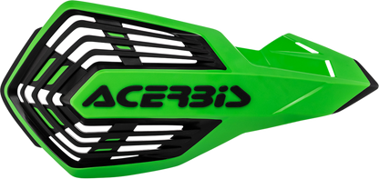 Acerbis X-Future green and black motorcycle handguards mounted on handlebars, designed for off-road and motocross riding.