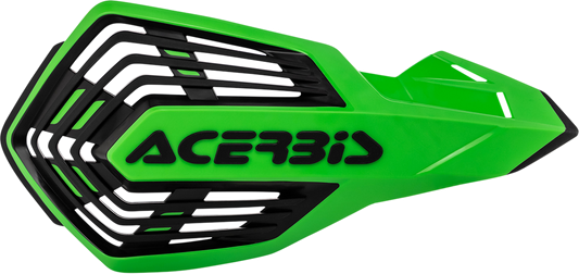 Acerbis X-Future green and black motorcycle handguards mounted on handlebars, designed for off-road and motocross riding.