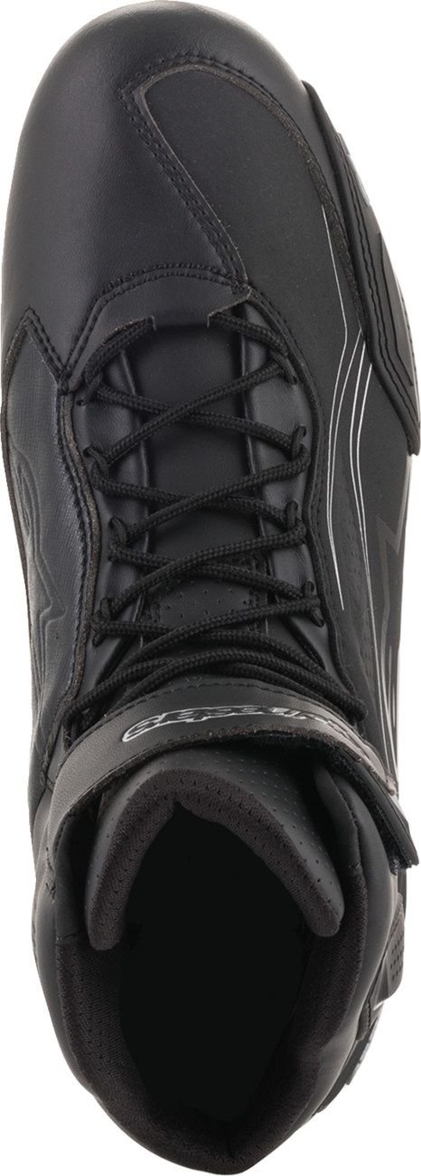 Alpinestars Stella Faster-3 black and silver motorcycle shoes, US 10.5, featuring protective design and sporty style.