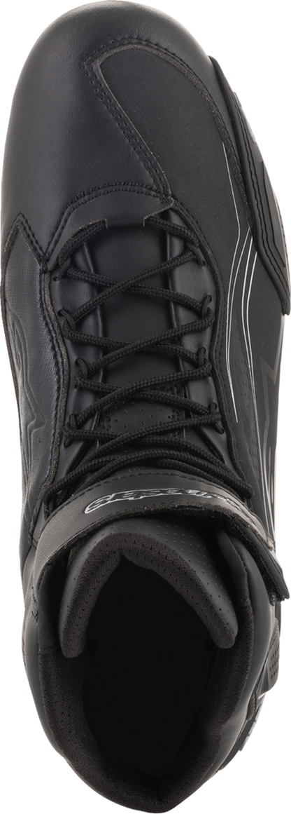 Alpinestars Stella Faster-3 black and silver motorcycle shoes, US size 8, with protective design and sporty look.