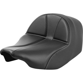 SADDLEMEN Dominator Solo Seat for FLT/FLH 2023-2024, carbon fiber with silver stitching, designed for Harley Davidson bikes
