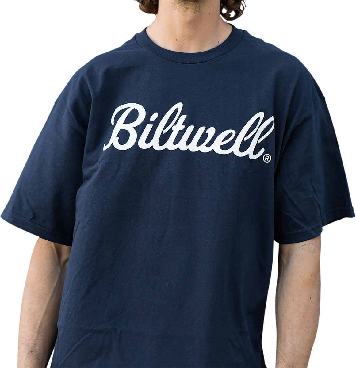 Navy BILTWELL Script T-Shirt in medium size by Bill's Exhausts, featuring a front script logo and casual fit.