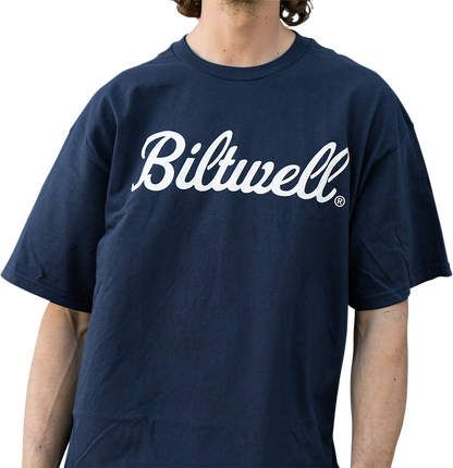 Navy BILTWELL Script T-Shirt in medium size by Bill's Exhausts, featuring a front script logo and casual fit.
