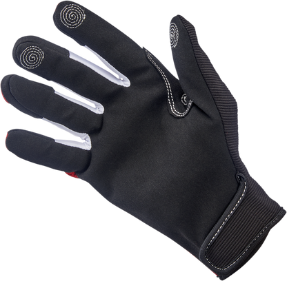 Red BILTWELL Anza gloves in XS size, featuring durable leather construction and detailed stitching.