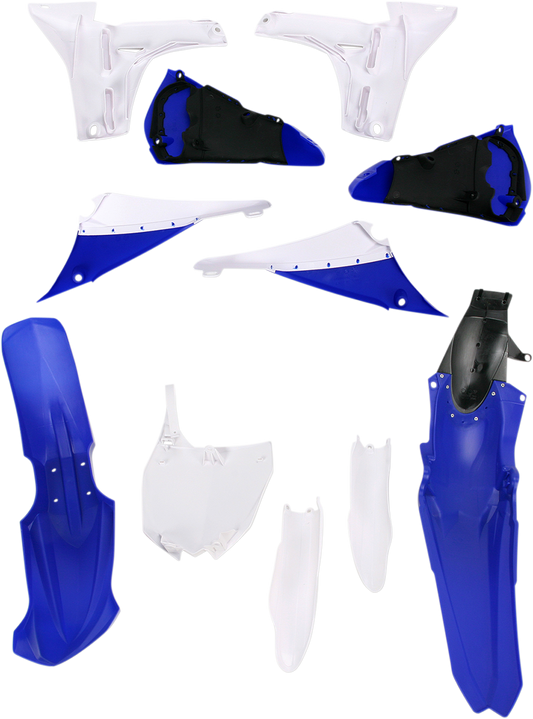Blue Acerbis full replacement body kit for motorcycles, shown on a bike, designed for a perfect fit and sleek appearance.