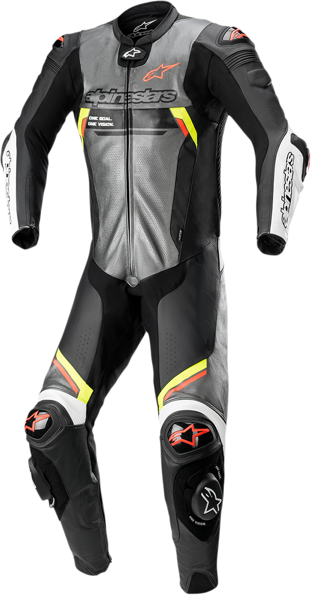 Alpinestars Missile Ignition v2 one-piece leather motorcycle suit in metallic gray, black, yellow, and red fluorescent with US 46 size.