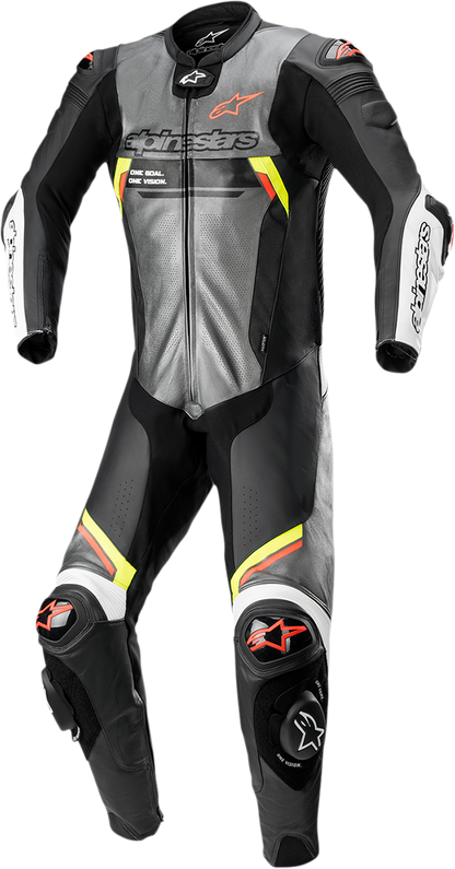 Alpinestars Missile Ignition v2 one-piece leather motorcycle suit in metallic gray, black, yellow, and red fluorescent with US 46 size.