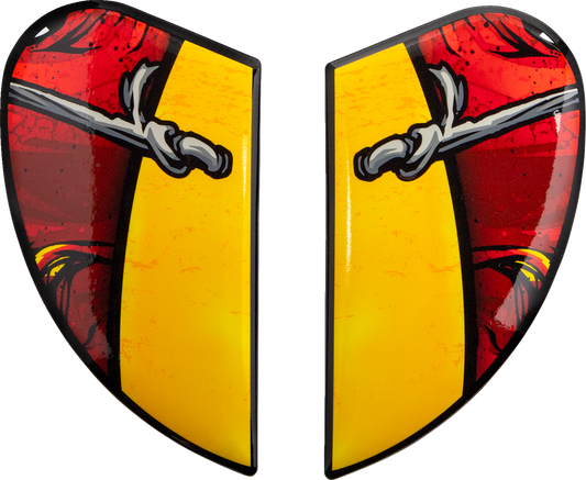 Red ICON Airform™ Side Plates for Brozak helmets, helmet parts by Bill's Exhausts, shown in a close-up image.