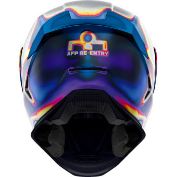 Silver ICON Airframe Pro™ helmet in 2XL size with re-entry design, featuring aerodynamic shape and clear visor for motorcycle riding.