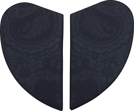 Black ICON Airform™ side plates for helmets, Chantilly design, compatible with Bill's Exhausts helmet parts, shown in close-up image.
