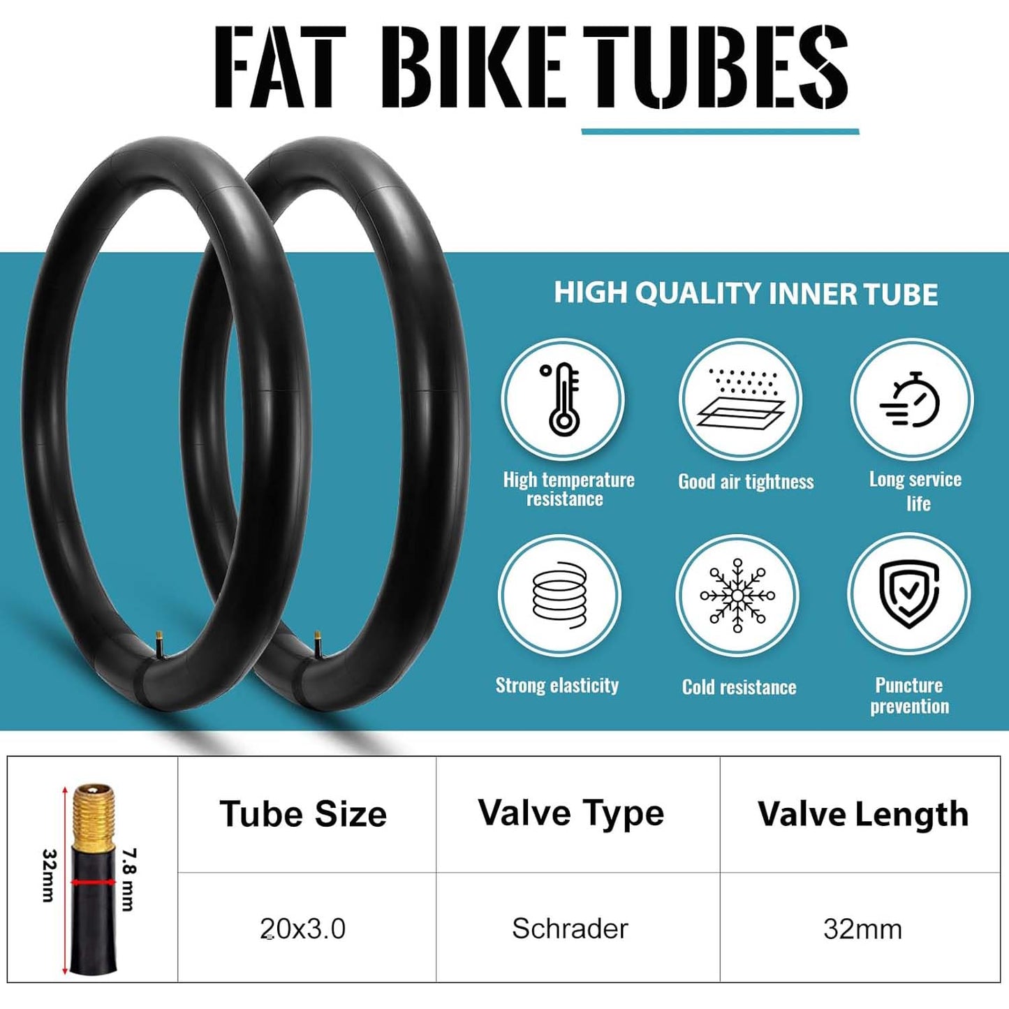 Hycline 20”×3" and 26”×3” bike fat tire tube, durable rubber inner tube for fat bikes with thick tires.