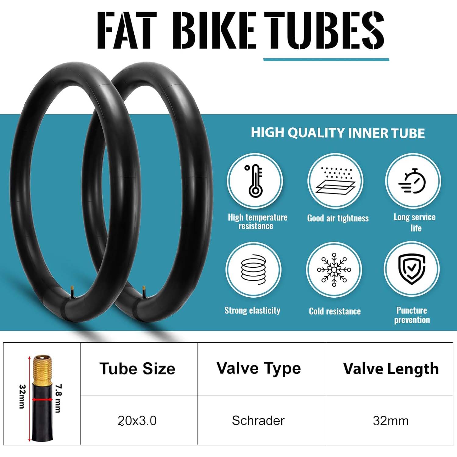 Hycline 20”×3" and 26”×3” bike fat tire tube, durable rubber inner tube for fat bikes with thick tires.