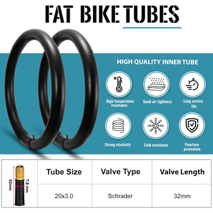 Hycline 20”×3" and 26”×3” bike fat tire tube, durable rubber inner tube for fat bikes with thick tires.