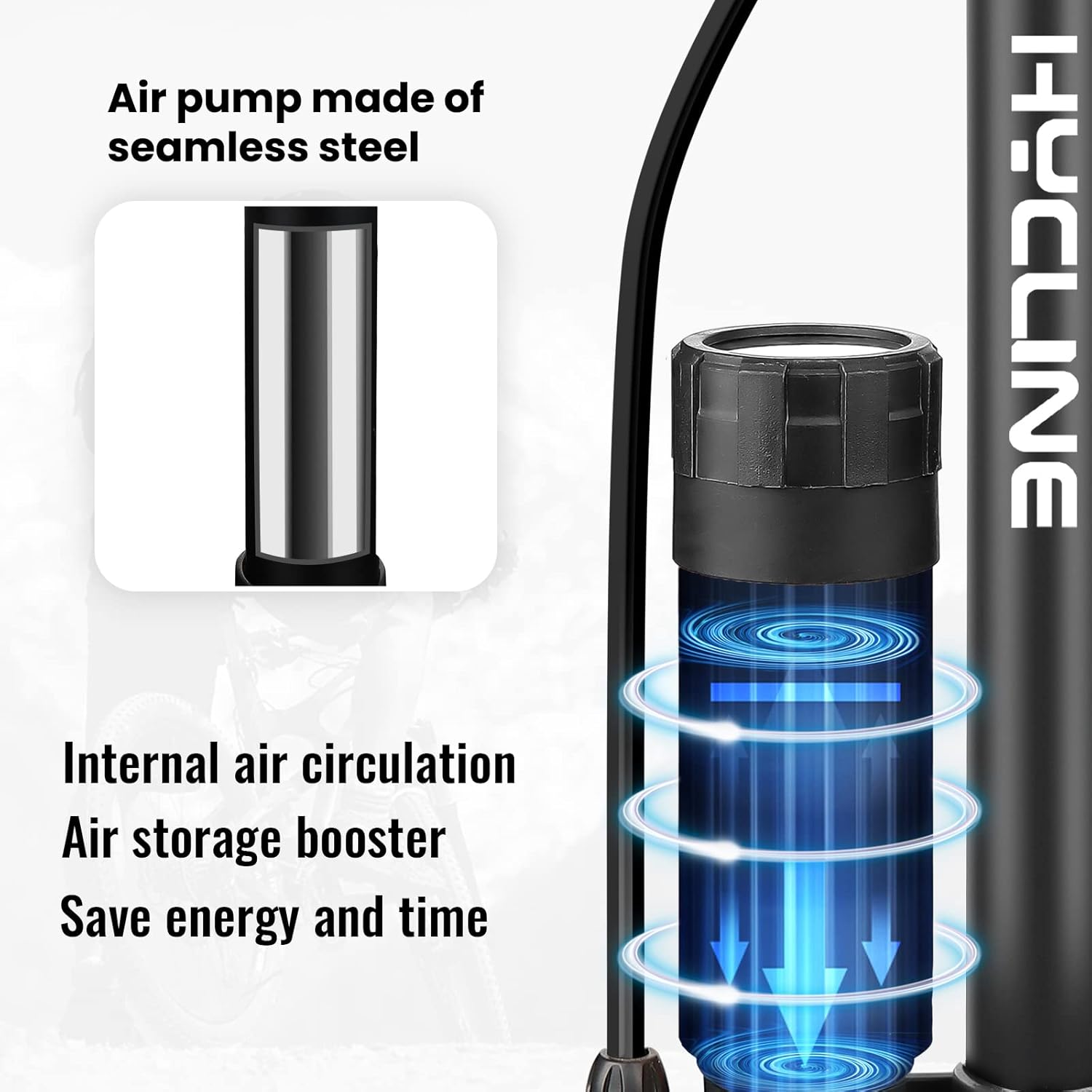 Hycline bicycle pump with gauge booster for easy tire inflation, featuring a compact design and pressure measurement display.