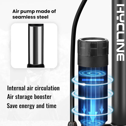 Hycline bicycle pump with gauge booster for easy tire inflation, featuring a compact design and pressure measurement display.
