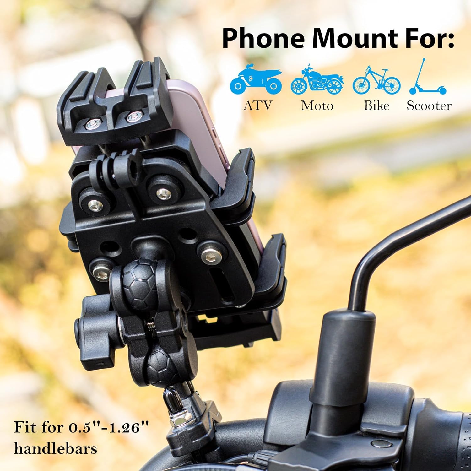 Hycline EMERK phone mount for motorcycle and bicycle, securely attached to handlebars with adjustable design
