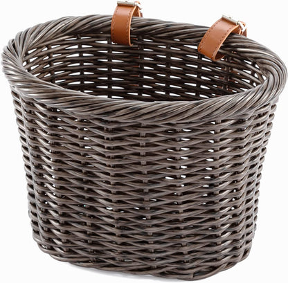 Hycline front handlebar bicycle basket for adult and kids, with woven design, mounted on bike handlebar for storage.