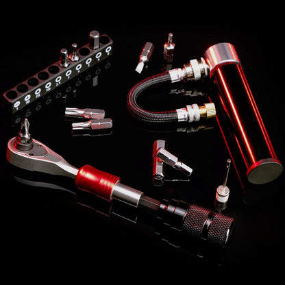 Hycline EMERK bike repair tool kit with various bicycle parts and tools on a white background.
