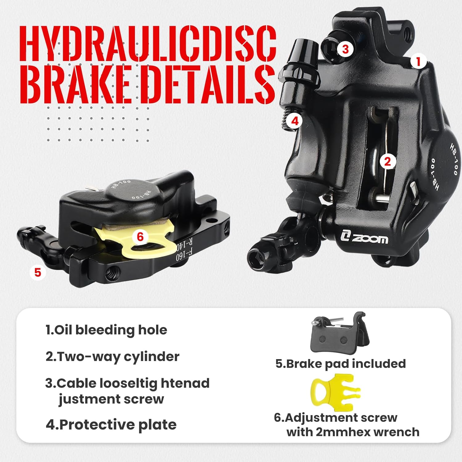 Hycline ZOOM XTECH HB-100 hydraulic disc brake caliper with dual pistons for mountain bikes, eBikes, and scooters.