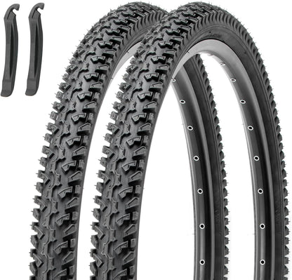 Hycline Ravine Trail 26-inch mountain bike tire with knobby tread for off-road riding, shown mounted on a bike wheel.