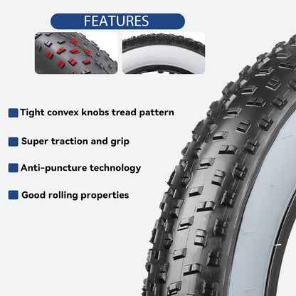 Hycline Raider white-wall e-bike and fat bike tire with rugged tread and durable construction for off-road riding.