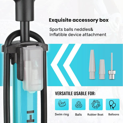 Hycline Basic Bike Pump with pressure gauge, compact bicycle pump for inflating tires, black and silver metal construction