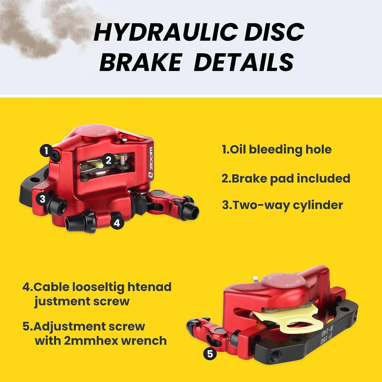 Hycline ZOOM XTECH HB-100 hydraulic disc brake caliper with dual pistons for mountain bikes, eBikes, and scooters.