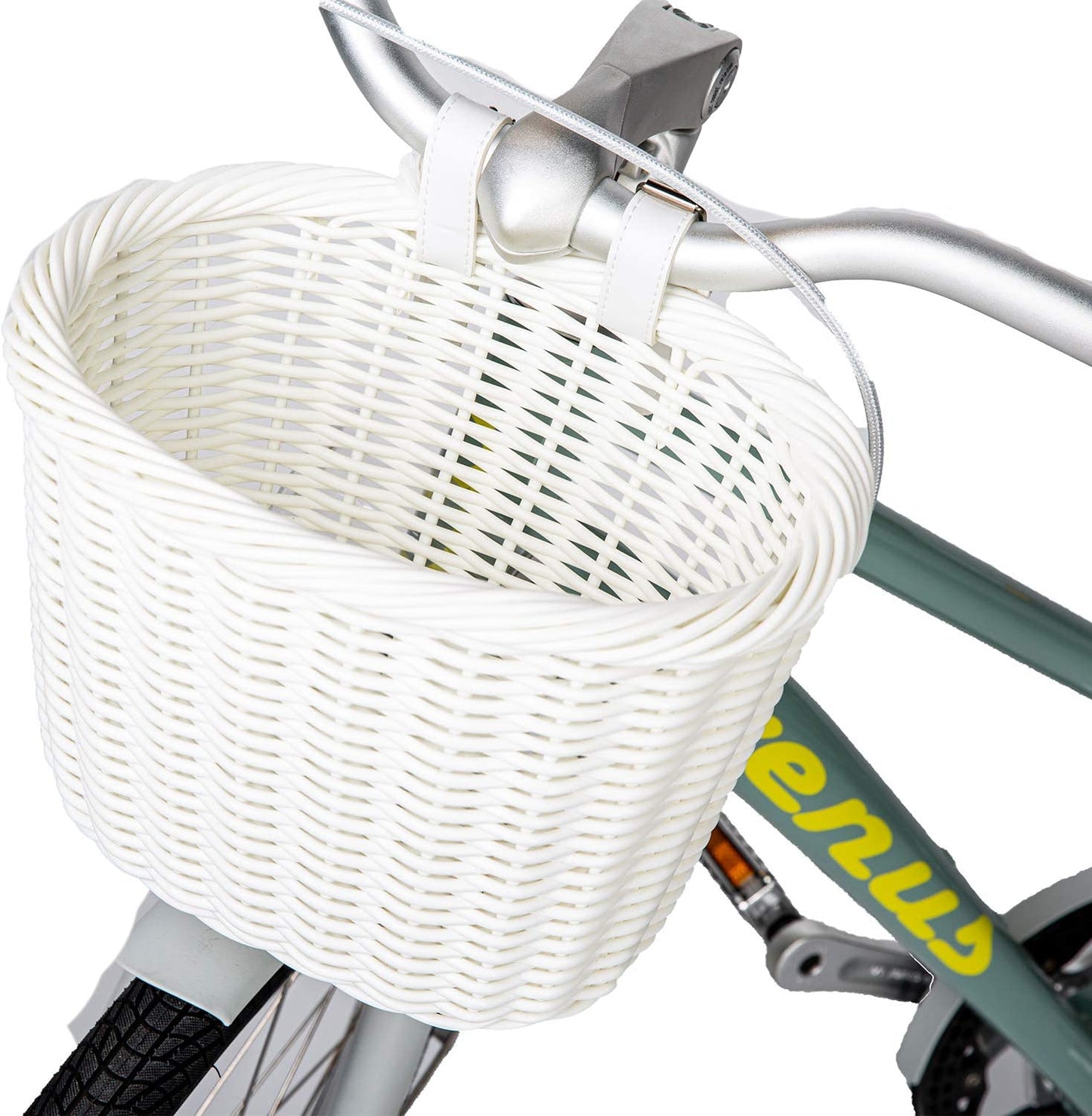 Hycline bicycle front handlebar storage basket for adult and kids bikes, made of woven material, attached to bike handlebars.