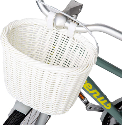 Hycline bicycle front handlebar storage basket for adult and kids bikes, made of woven material, attached to bike handlebars.