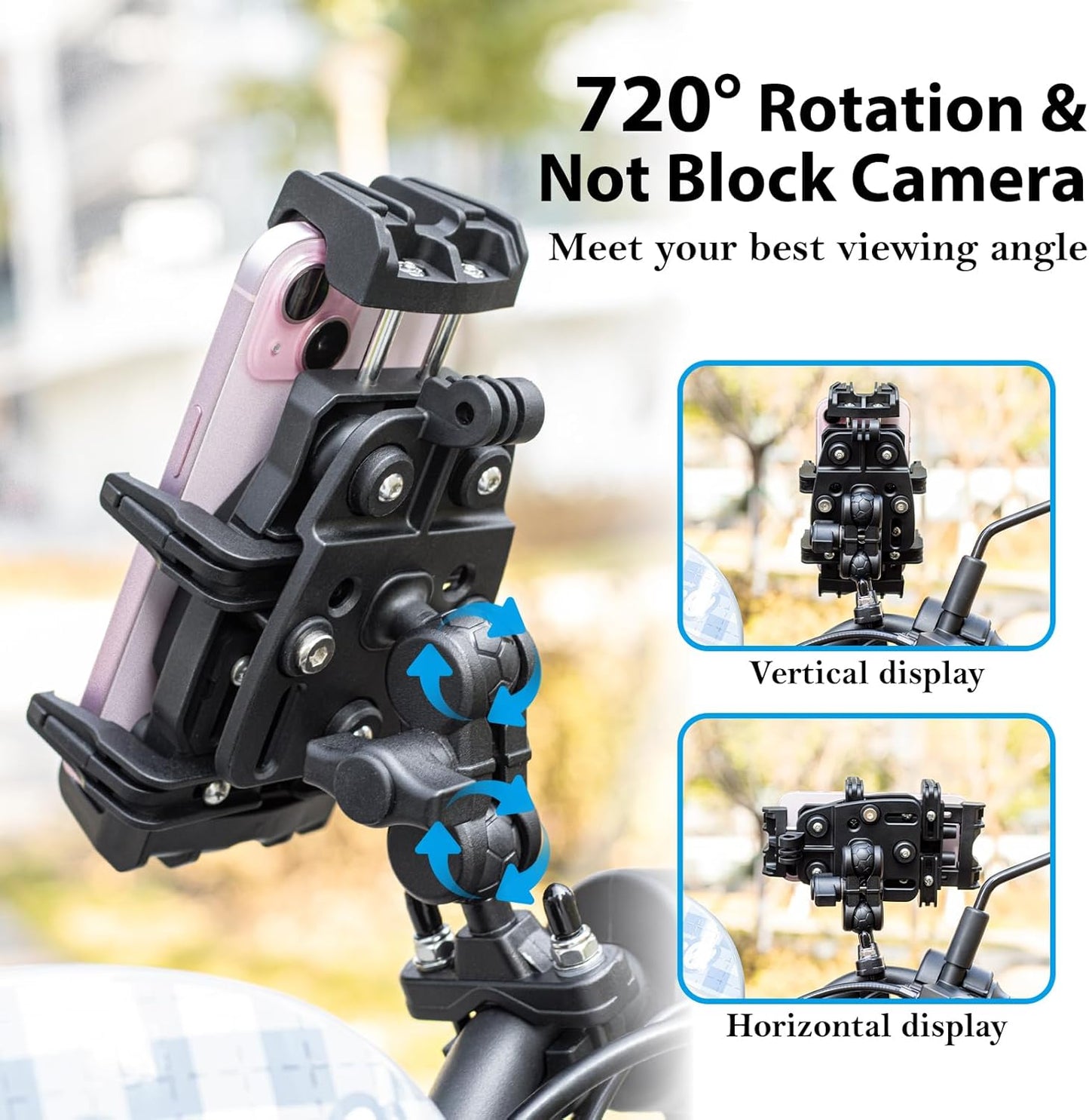 Hycline EMERK phone mount attached to motorcycle handlebar, securing smartphone for easy access during rides.